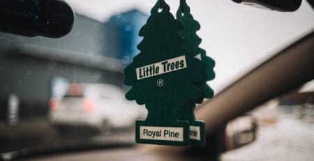 Green Little Trees Royal Pine air fresheners hanging from a rearview mirror inside a car, with a blurred street view in the background.