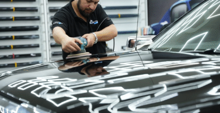 polishing a black car’s hood to remove surface scratches at Clayton Care in Dubai.